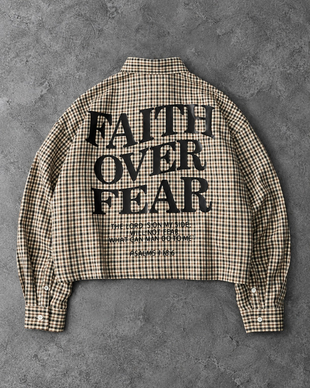 Faith Over Fear plaid boxy shirt back view