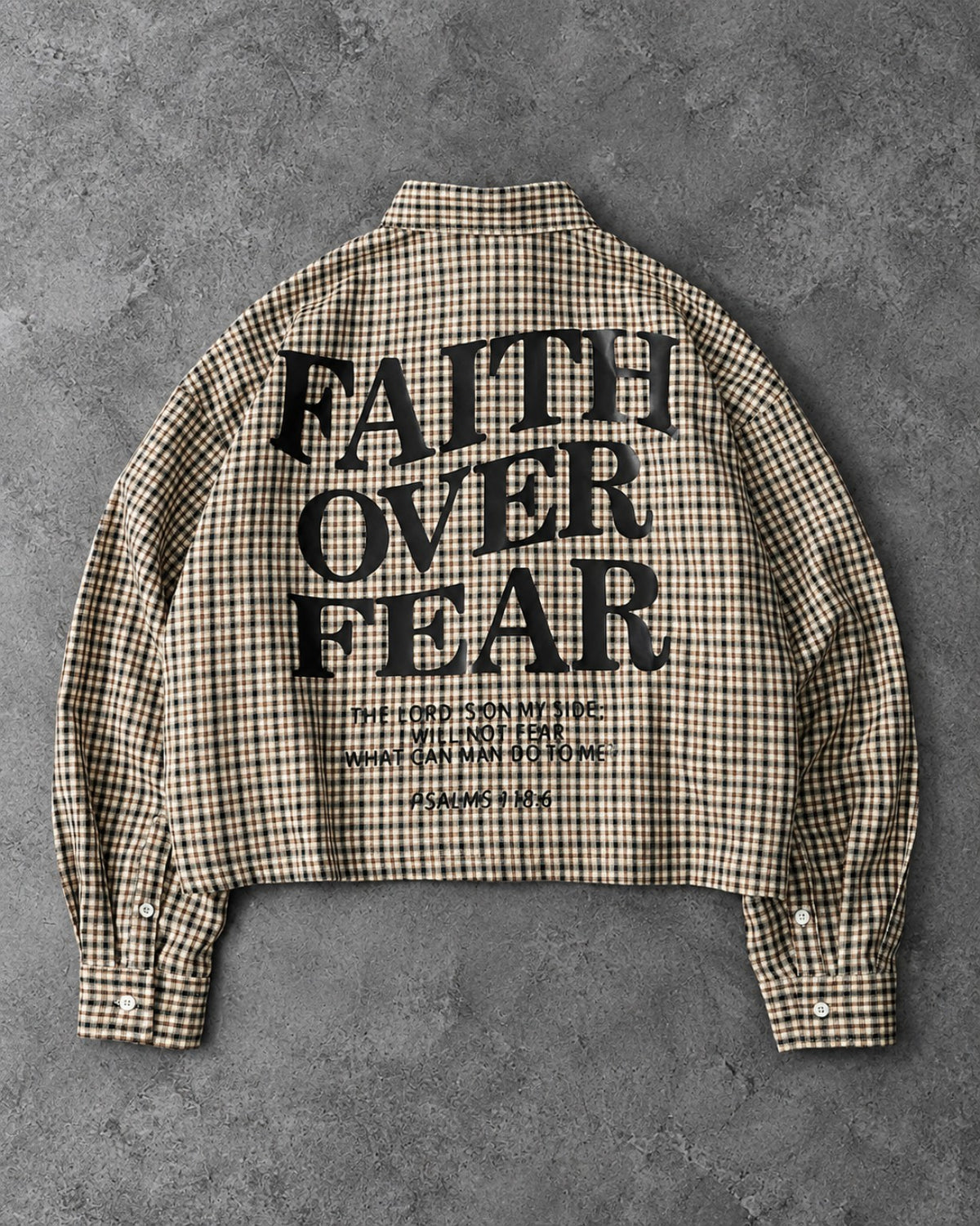Faith Over Fear plaid boxy shirt back view