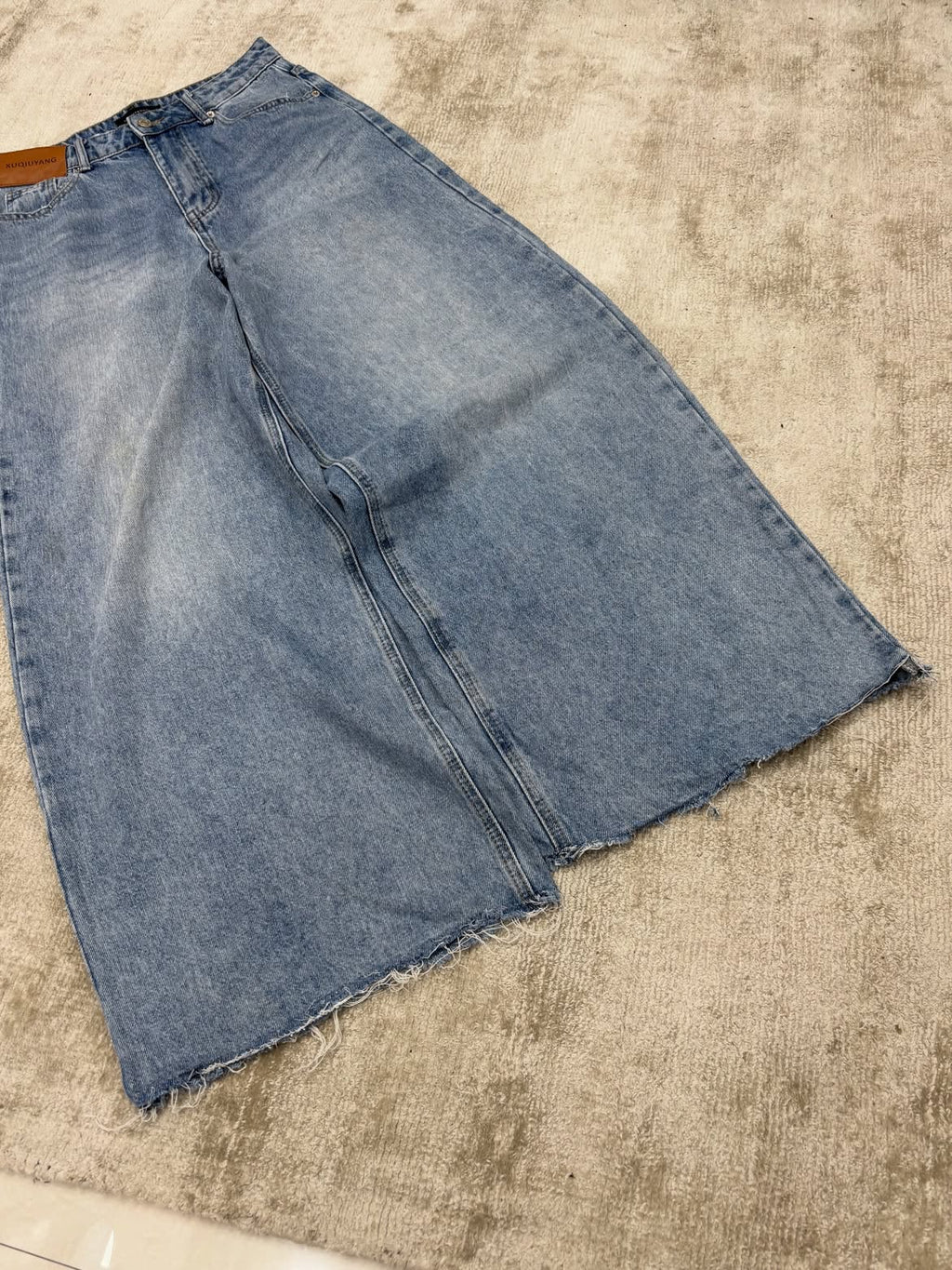 Light Blue Raw-Hem Wide-Leg Jeans