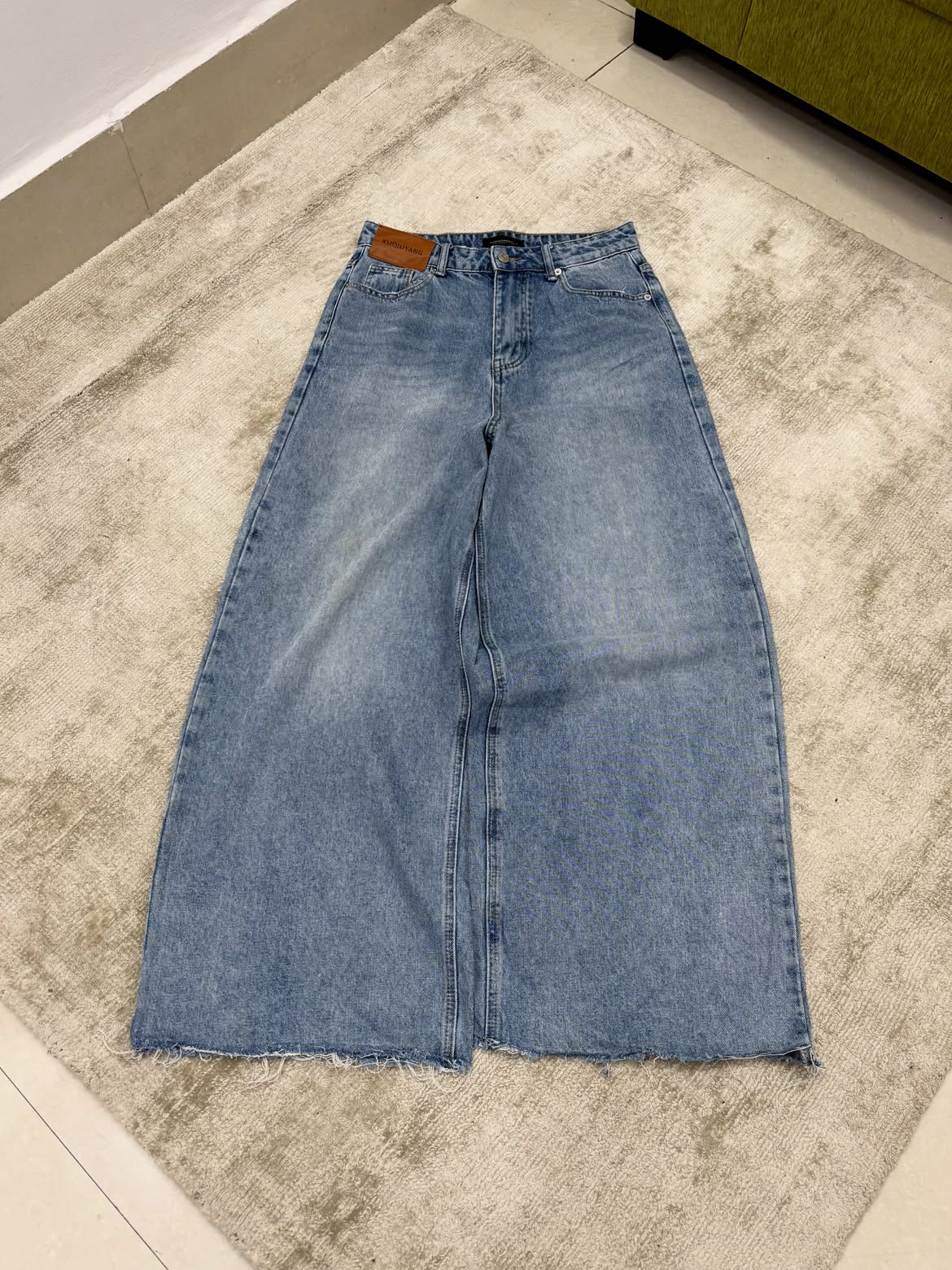 Light Blue Raw-Hem Wide-Leg Jeans