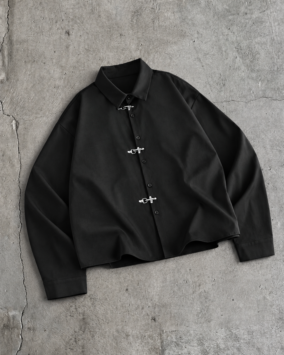 Black Hook-Closure Boxy Shirt