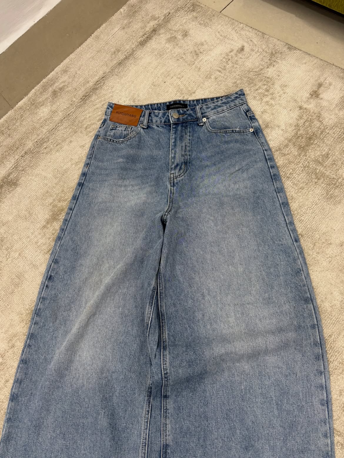 Light Blue Raw-Hem Wide-Leg Jeans