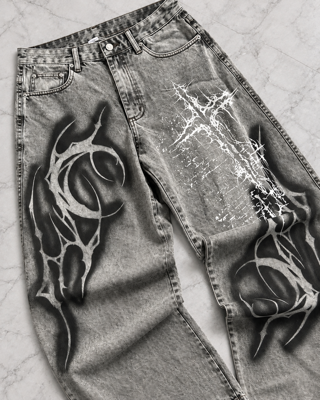 Tribal Tattoo Grey Wide-Leg Denim