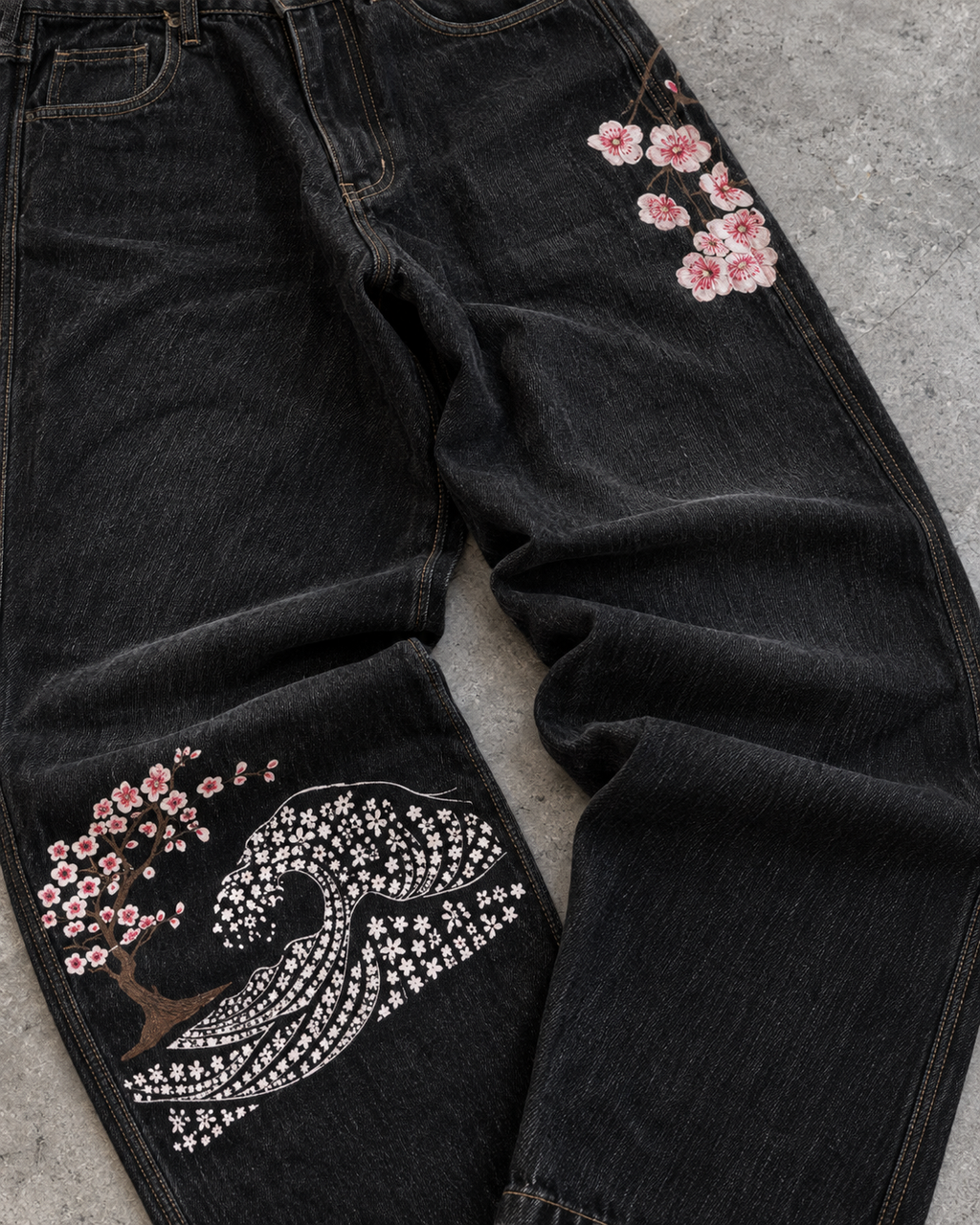 Wave Blossom Black Wide-Leg Denim