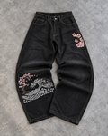 Wave Blossom Black Wide-Leg Denim