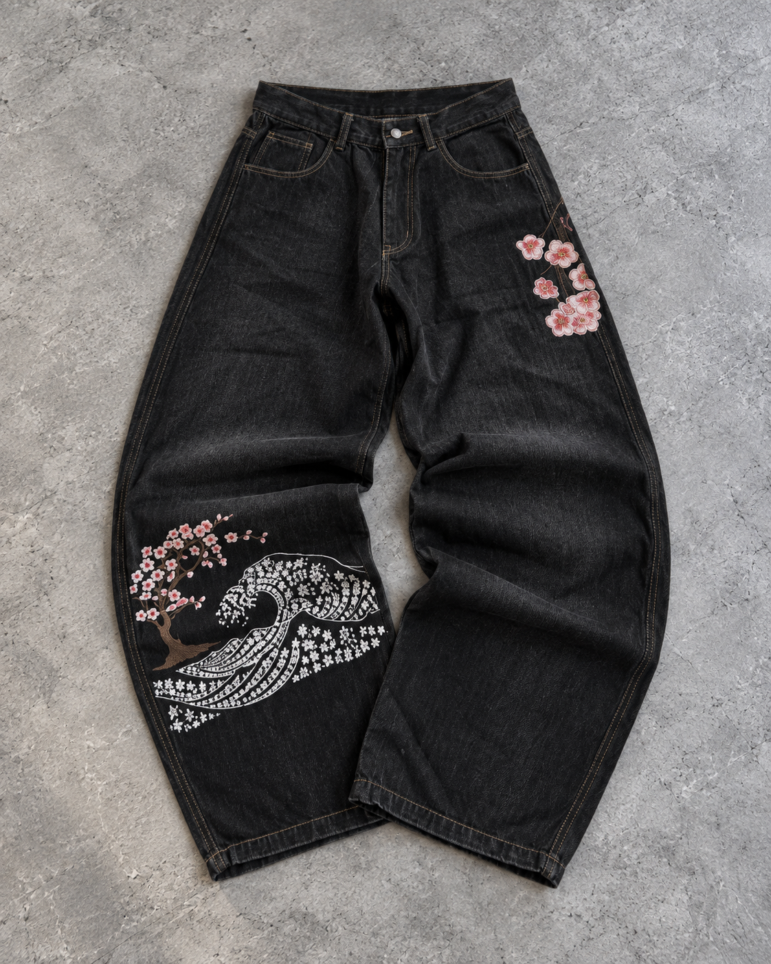 Wave Blossom Black Wide-Leg Denim