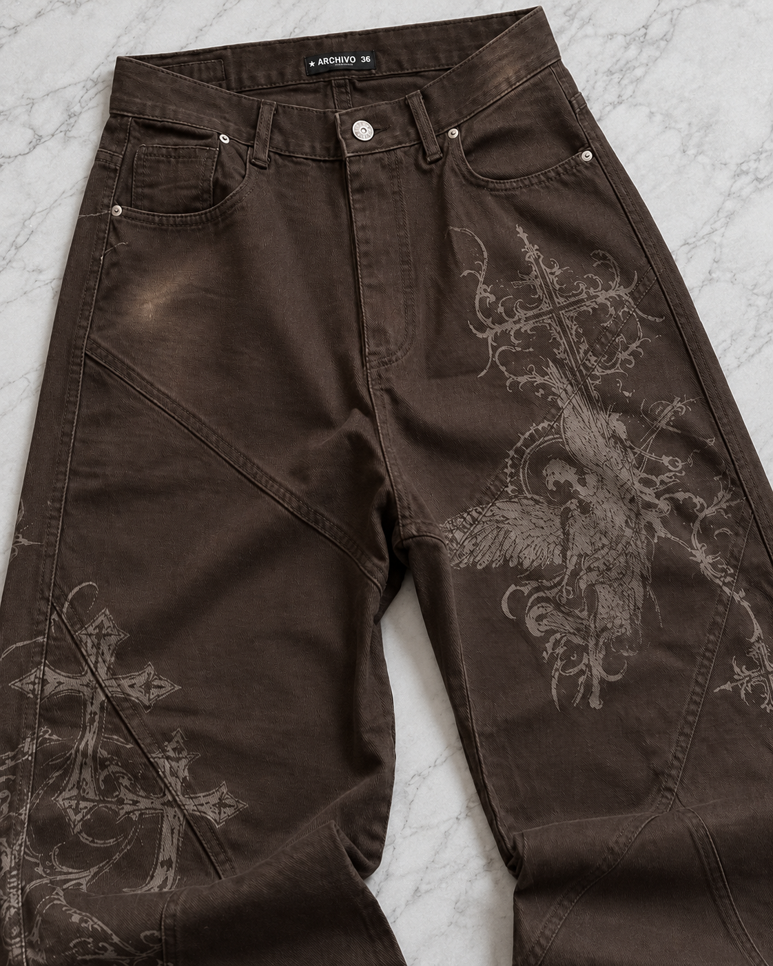 Brown Etched Wide-Leg Denim