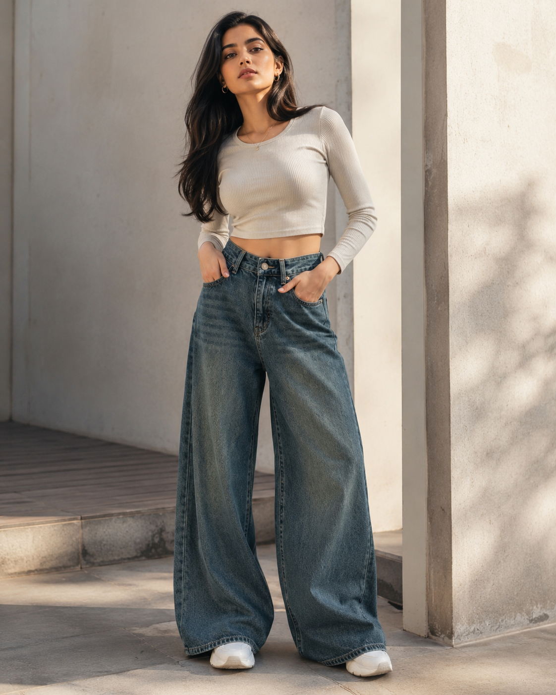 Blue Wide Leg Denim Jeans