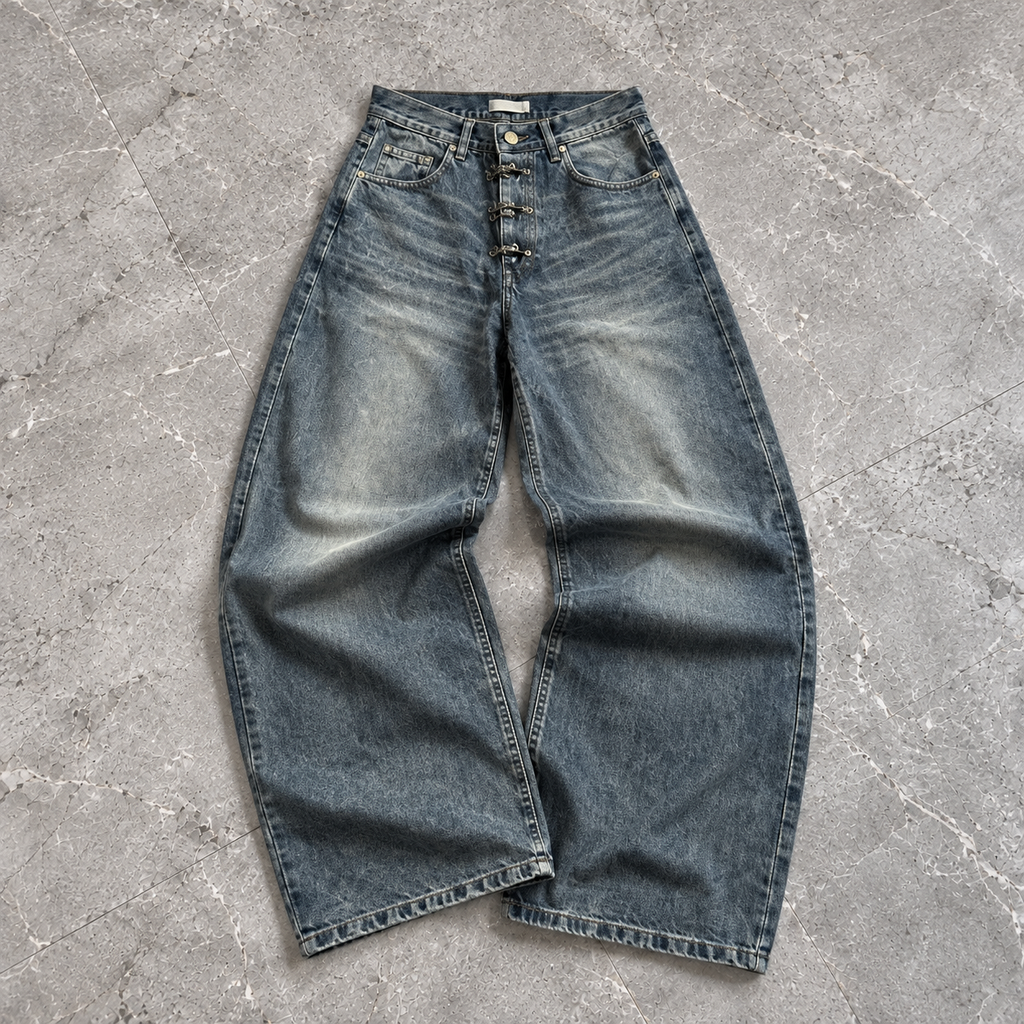 Hook Front Washed Wide-Leg Denim
