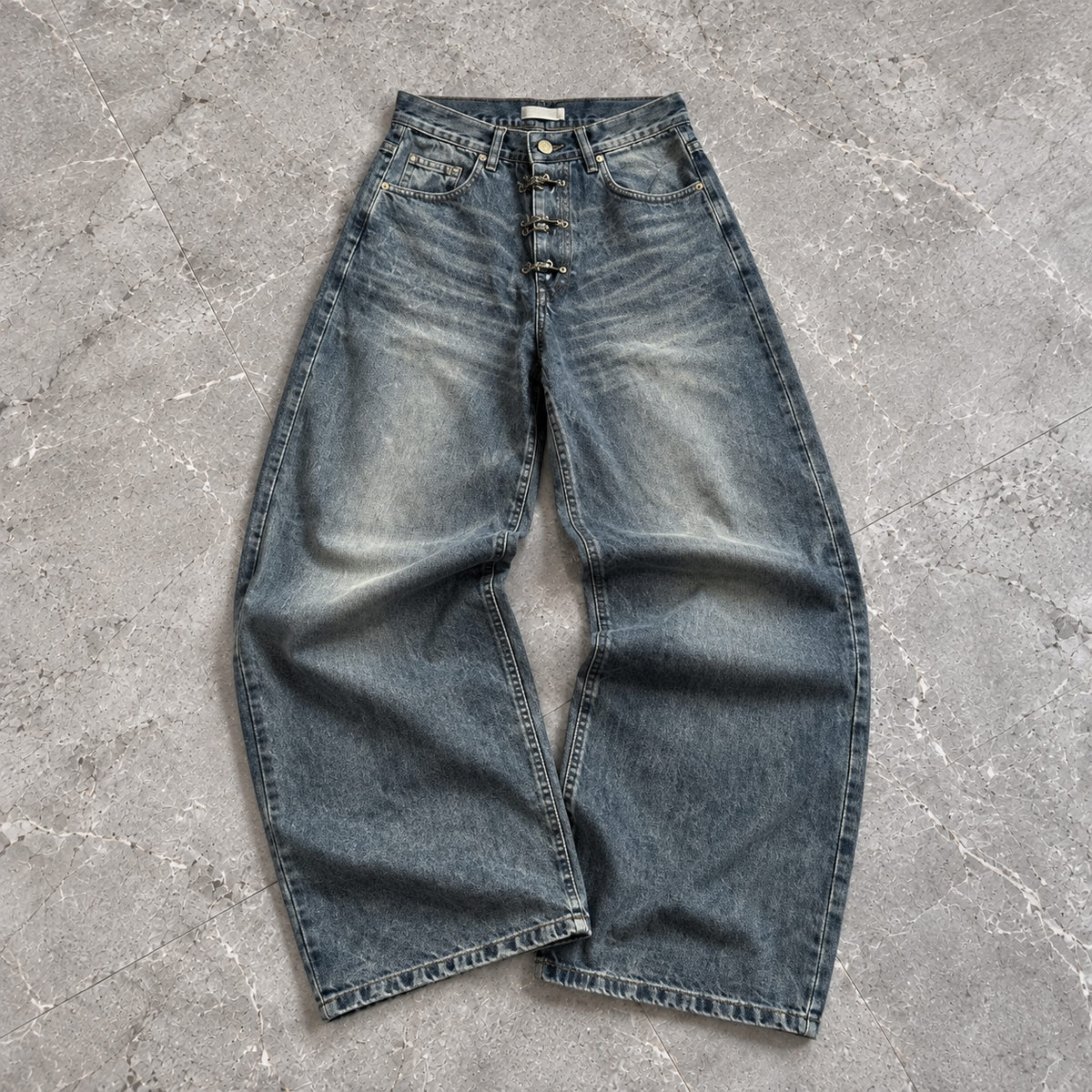 Hook Front Washed Wide-Leg Denim