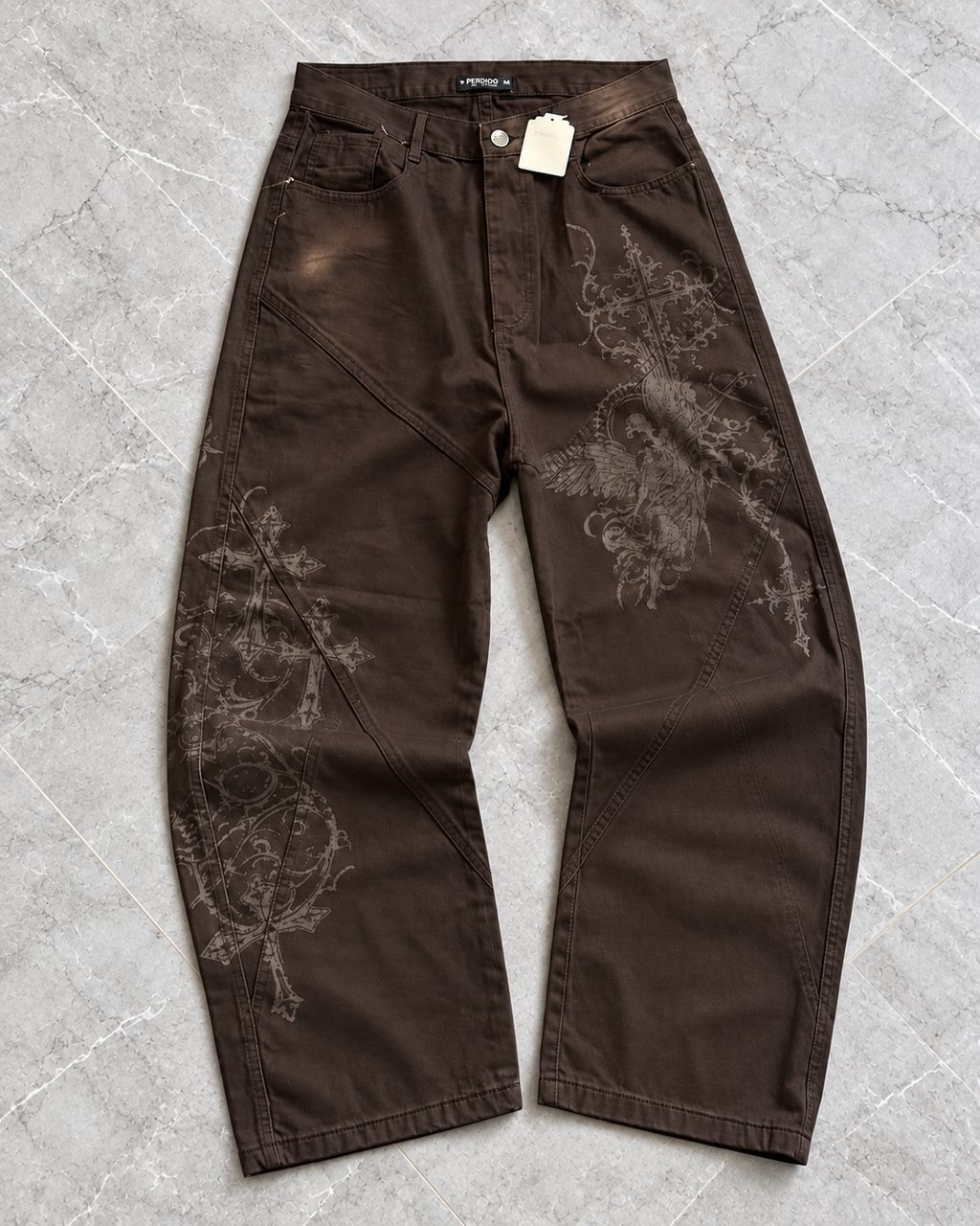 Brown Etched Wide-Leg Denim