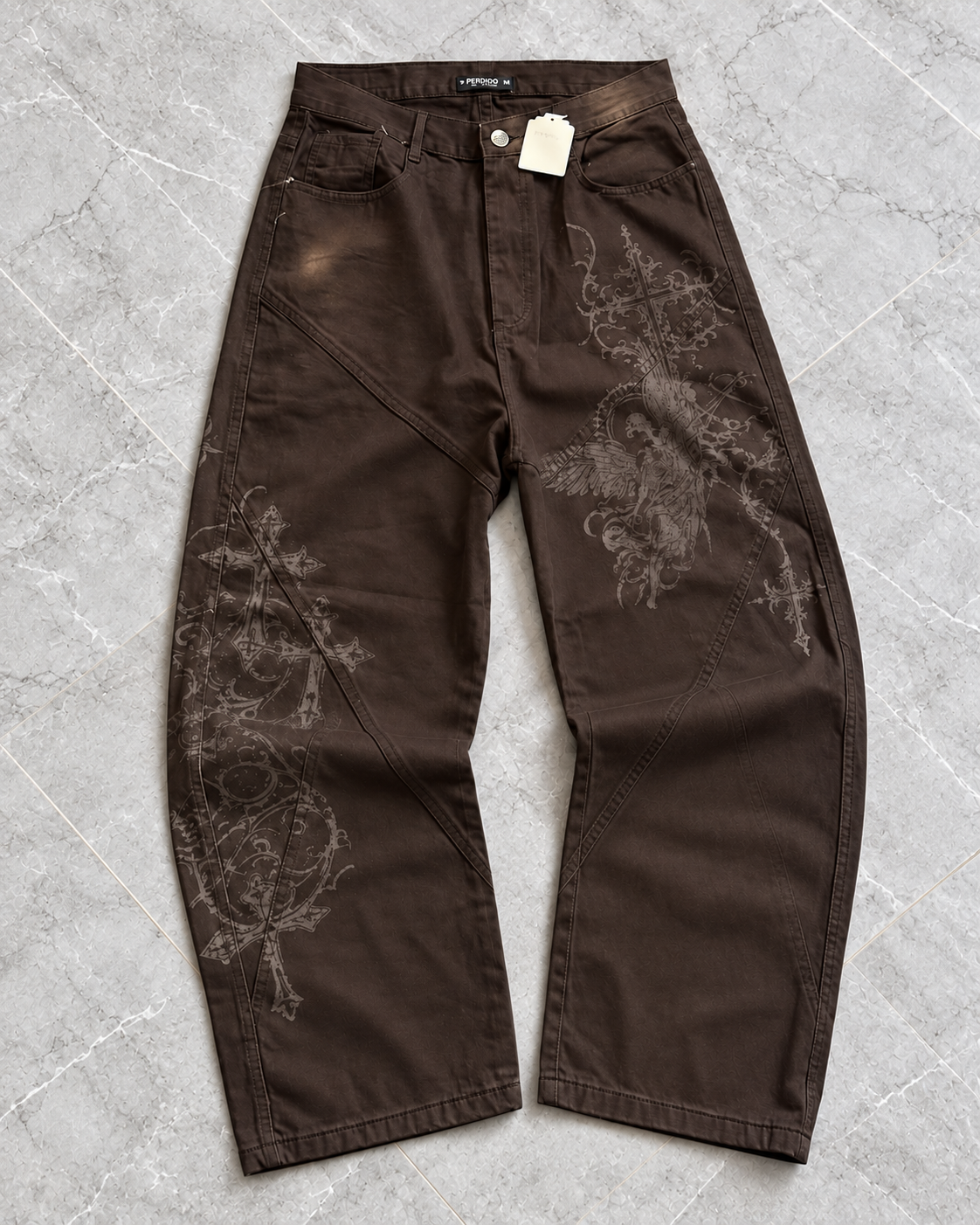Brown Etched Wide-Leg Denim