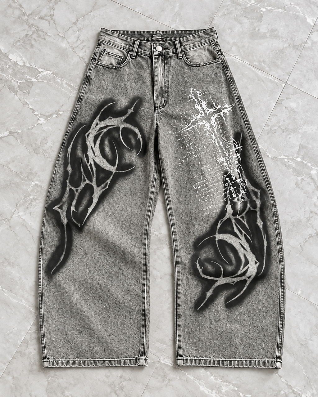Tribal Tattoo Grey Wide-Leg Denim