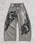 Tribal Tattoo Grey Wide-Leg Denim