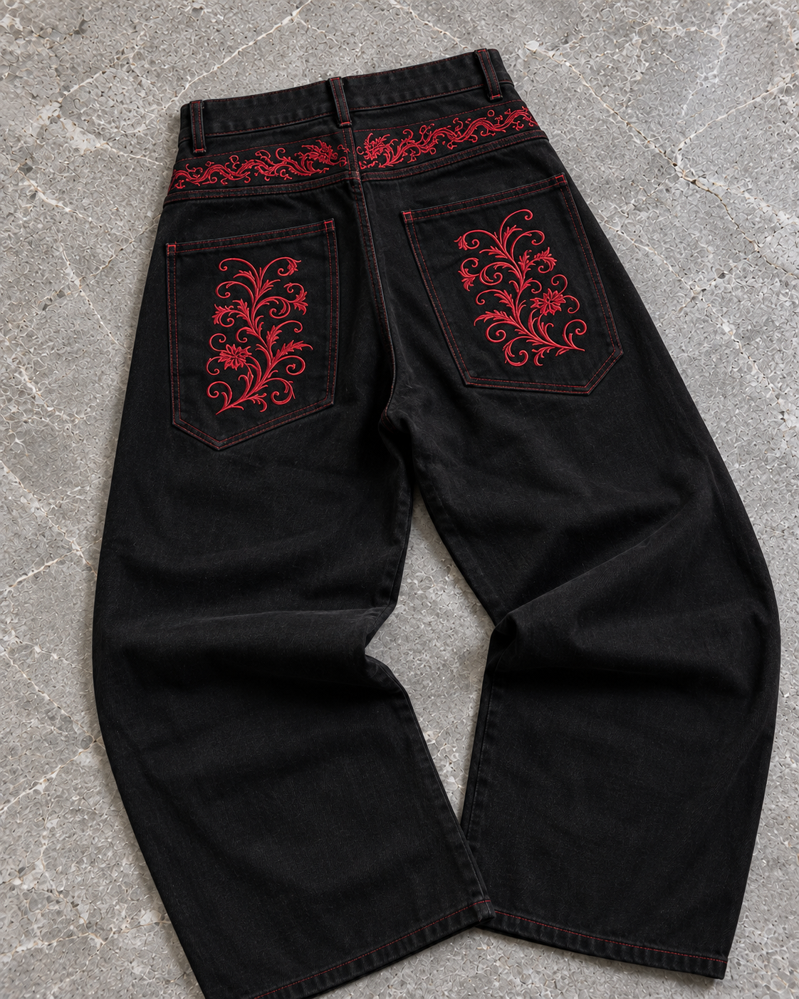 Scarlet Embroidery Black Wide-Leg Denim