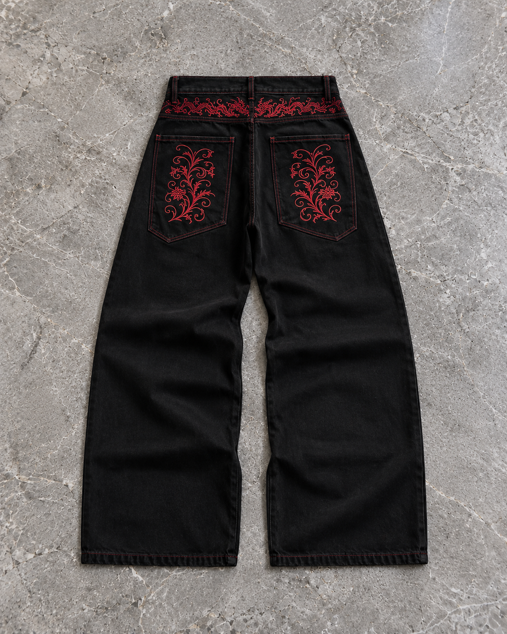 Scarlet Embroidery Black Wide-Leg Denim