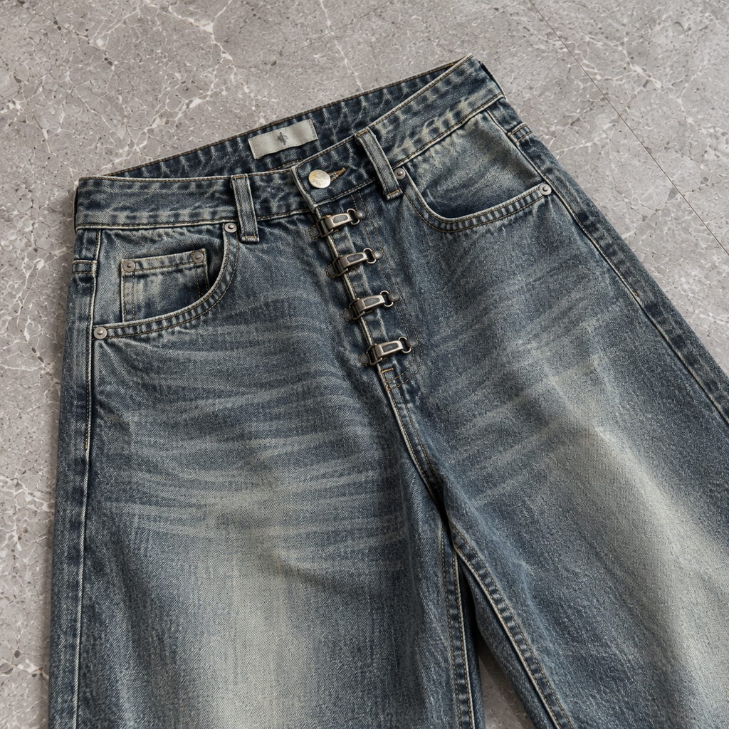 Hook Front Washed Wide-Leg Denim