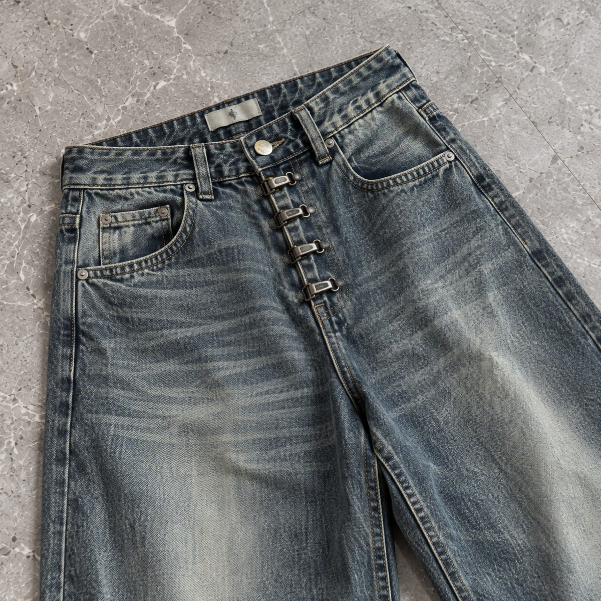 Hook Front Washed Wide-Leg Denim