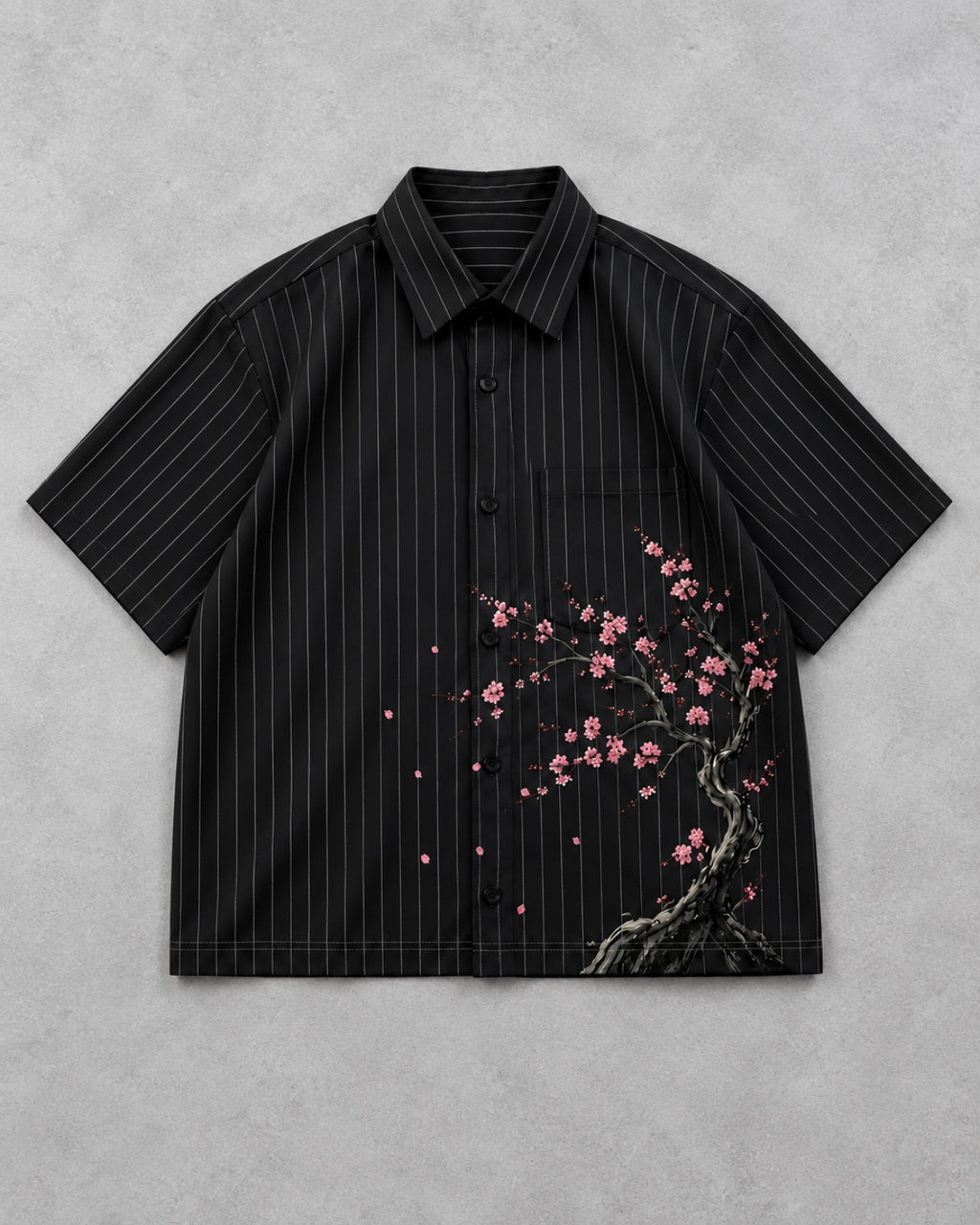 VELOR Blossom Pinstripe Boxy Shirt in black with fine pinstripes and pink blossom artwork, front view
